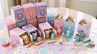 Colorful blind box anime figures spread on pastel surface