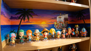One Piece World Collectible Figures Straw Hat crew on display shelf
