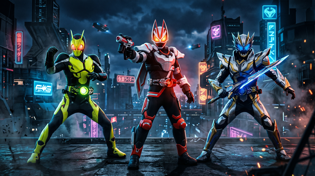 Reiwa Kamen Riders Zero-One, Geats and Zeztz in dramatic hero poses