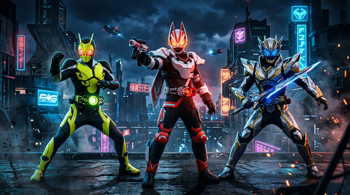 Reiwa Kamen Riders Zero-One, Geats and Zeztz in dramatic hero poses
